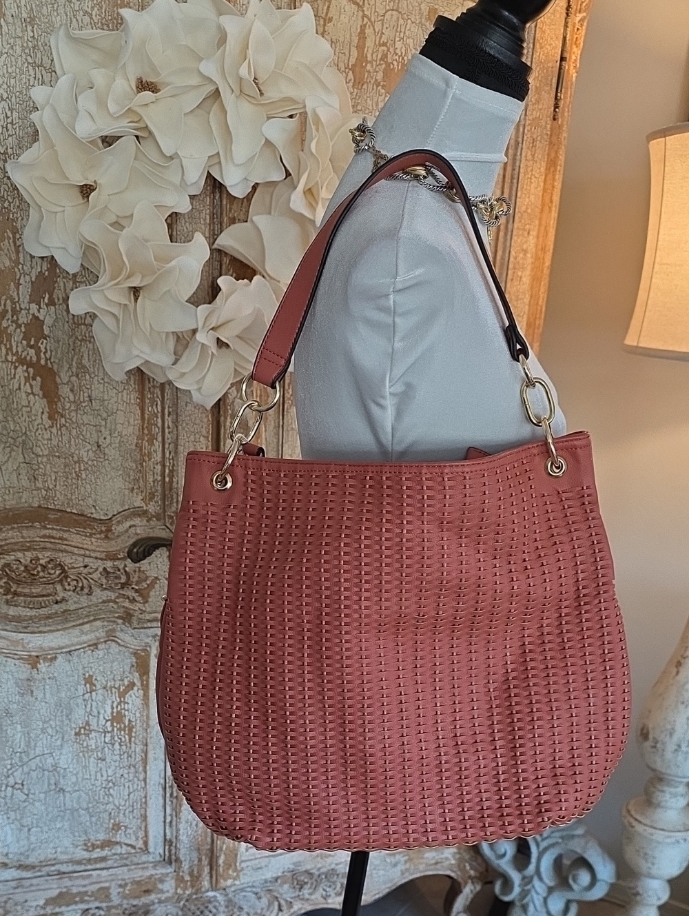 Woven Shoulder Bag in Coral Rose - Women's Casual Tote